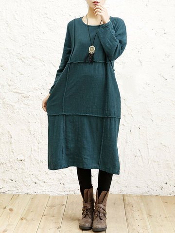Vintage Solid Linen Long Sleeve Pleated Cotton Dress-Newchic-
