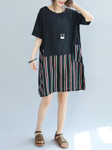 Vintage Stripe Patchwork Short Sleeve Pocket Dresses-Newchic-
