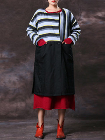 Vintage Stripe Patchwork Splited Women Coats-Newchic-
