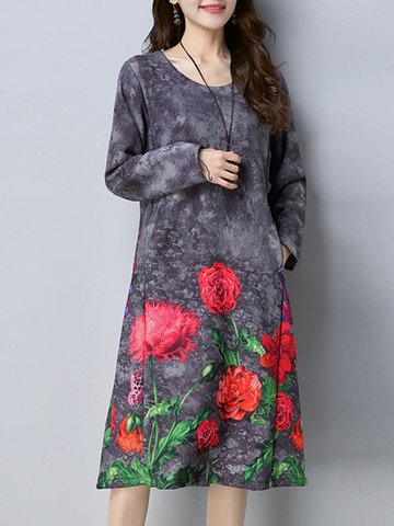 Vintage Suede Printed Thick Dress-Newchic-
