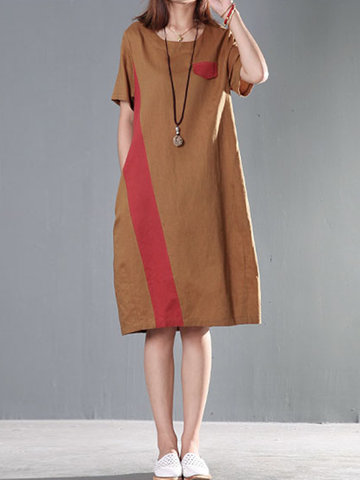 Vintage Women Contrast Color Short Sleeve O-Neck Dresses-Newchic-