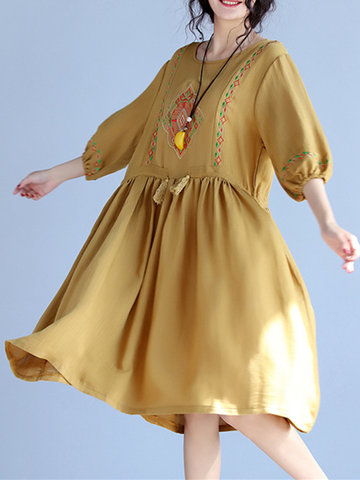 Vintage Women Embroidered Drawstring Half Sleeve Dresses-Newchic-