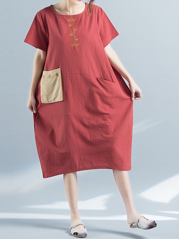 Vintage Women Embroidered Short Sleeve Pocket Loose Dresses-Newchic-
