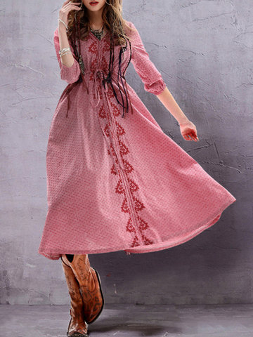 Vintage Women Embroidery Ethnic Half Sleeve Dresses-Newchic-