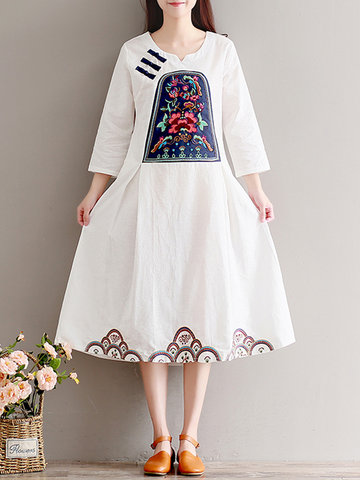 Vintage Women Embroidery Loose Dresses-Newchic-