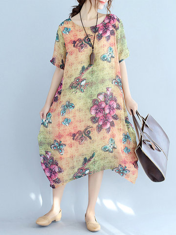Vintage Women Floral Asymmetrical Hem Dresses-Newchic-