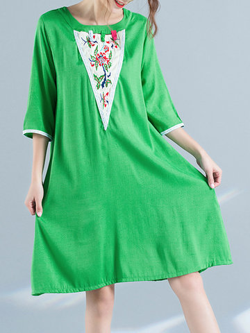 Vintage Women Half Sleeve Embroiderd Pocket Dresses-Newchic-