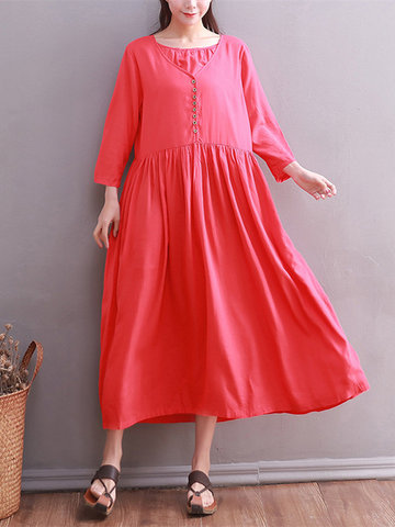 Vintage Women Long Sleeve Buttons Pure Color Long Maxi Dresses-Newchic-