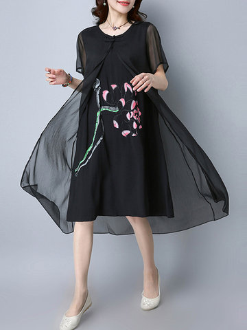 Vintage Women Loose Flower Print Chiffon Short Sleeve Dress-Newchic-