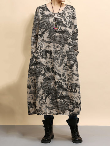 Vintage Women O-Neck Long Sleeve Print Dresses-Newchic-