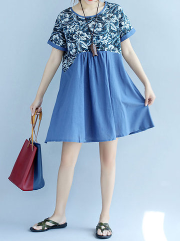 Vintage Women Patchwork High Waist Pocket Mini Dresses-Newchic-