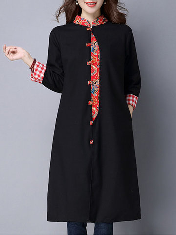 Vintage Women Printed Stand Collar Long Coat-Newchic-