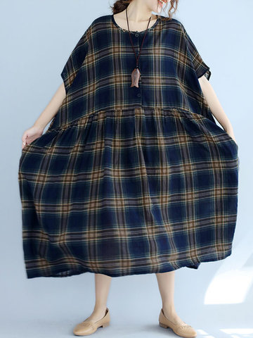 Vintage Women Short Sleeve O-Neck Plaid Print Dresses-Newchic-