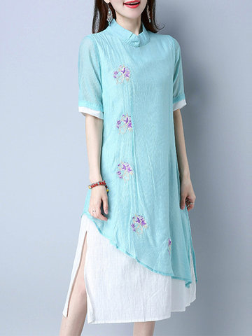 Vintage Women Short Sleeves False two pieces Embroidery Dresses-Newchic-