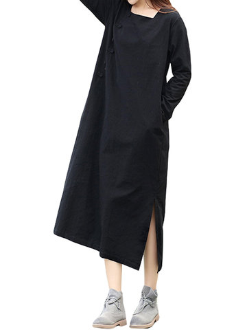 Vintage Women Side Split Buttons Long Sleeve Long Maxi Dresses-Newchic-