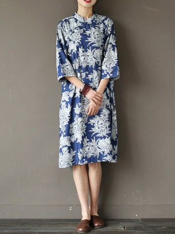 Vintage Women Stand Collar 3/4 Sleeve Print Dresses-Newchic-