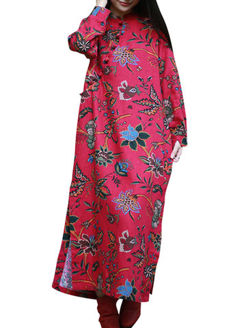 Vintage Women Stand Collar Floral Print Dresses-Newchic-