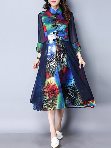 Vintage Women Stand Collar Printed Nine Point Sleeve Plate Buckle Dresses-Newchic-