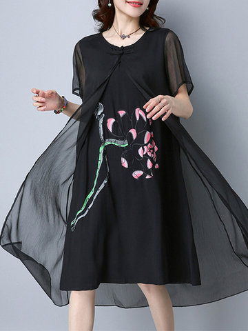 Women Chinese Style Printed O-Neck Short Sleeve Two-Piece Dresses-Newchic-