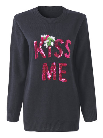Women Christmas Printed Long Sleeve Sequins Pullover Sweaters-Newchic-