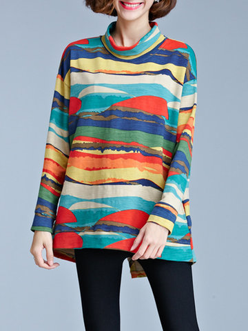 Women Colorful Printed Turtleneck Sweatshirt-Newchic-