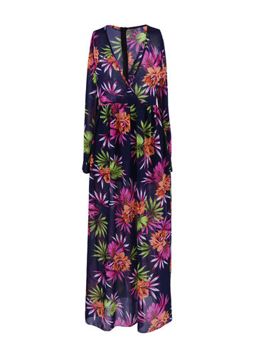 Women Deep V-Neck Floral Printed Chiffon See-Through Maxi Dresses-Newchic-