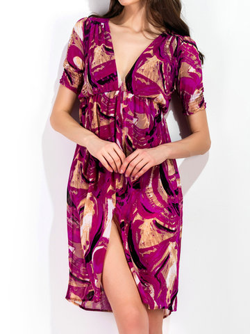 Women Deep V-Neck Printed Short Sleeve Split Summer Beach Dresses-Newchic-