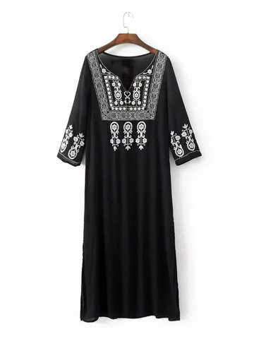 Women Embroidered 3/4 Sleeve Split Maxi Dresses-Newchic-