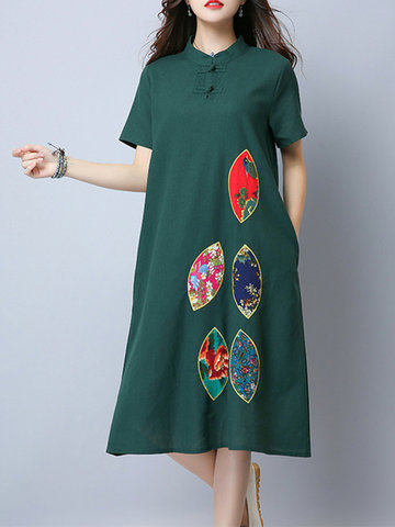 Women Embroidered Short Sleeve Stand Collar Vintage Dresses-Newchic-