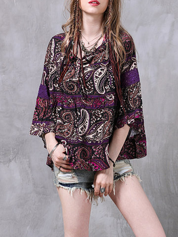 Women Ethnic Printed Flare Sleeve O-Neck Loose Blouses-Newchic-