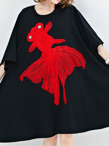 Women Fish Printed Half Sleeve Casual Loose Dresses-Newchic-