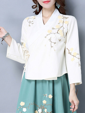 Women Floral Embroidered Long Sleeve HanFu Traditional Shirts-Newchic-