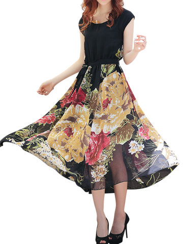 Women Floral Printed Chiffon Elastic Waist Short Sleeve Dresses-Newchic-