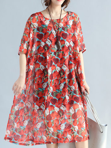 Women Floral Printed Half Sleeve High Waist Loose Chiffon Dresses-Newchic-