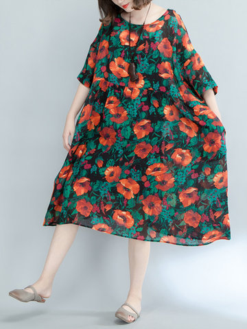 Women Floral Printed Half Sleeve O-neck Loose Vintage Dresses-Newchic-