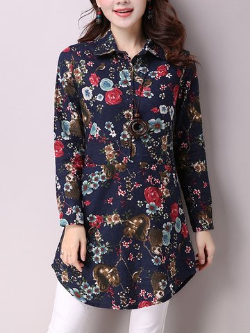 Women Floral Printed Long Sleeve Lapel Cotton Folk Style Blouses-Newchic-