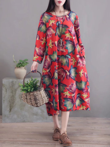 Women Floral Printed Long Sleeve O-Neck Mid-Long Dresses-Newchic-