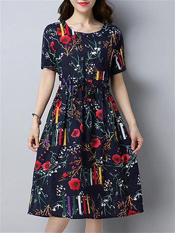 Women Foral O-Neck Short Sleeve Loose Print Dresses-Newchic-