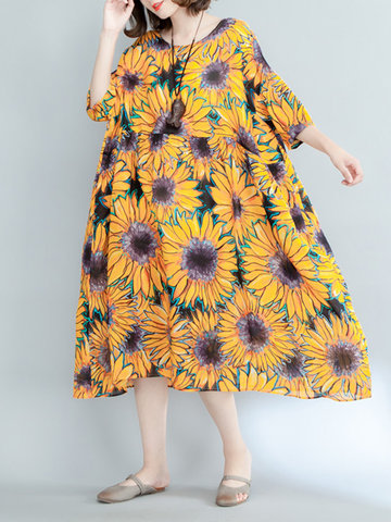 Women Half Sleeve Floral Printed Loose Mid-Long Vintage Dresses-Newchic-