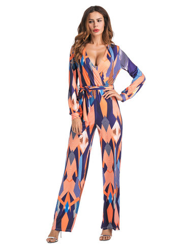 Women Long Sleeve Stripe Printed Belted V-neck Jumpsuits-Newchic-