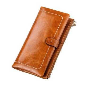 Women Oil Leather Wallet Multi-Card Slots Long Wallet Zipper Card Bag Wallet Purse-Newchic-