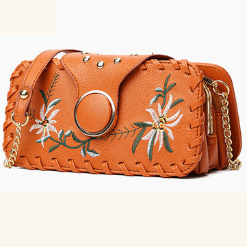 Women PU Leather Floral Embroidery Phone Bag Multi-pocket Crossbody Bag-Newchic-
