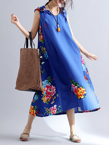 Women Patchwork Hooded Chinese Style Sleeveless Vintage Dresses-Newchic-