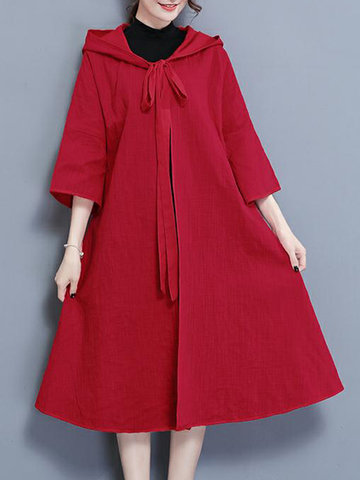 Women Printed 3/4 Sleeve Hooded Cloak Overcoat-Newchic-