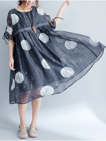 Women Printed High Waist Short Sleeve Organza Dresses-Newchic-