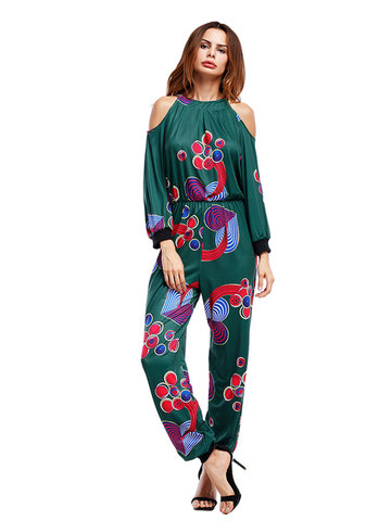 Women Printed Long Sleeve Halter Hollow Out Jumpsuits-Newchic-