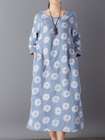 Women Printed Long Sleeve Side Split Vintage Maxi Dresses-Newchic-