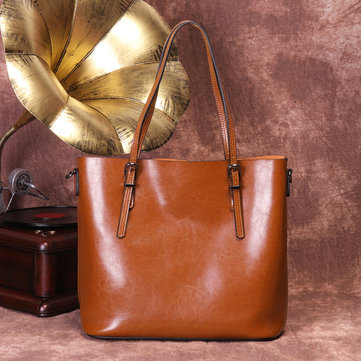Women Retro Genuine Leather Oil Wax Bucket Handbag-Newchic-