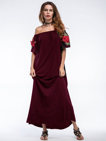 Women Rose Embroidered Off Shoulder Long Maxi Dresses-Newchic-