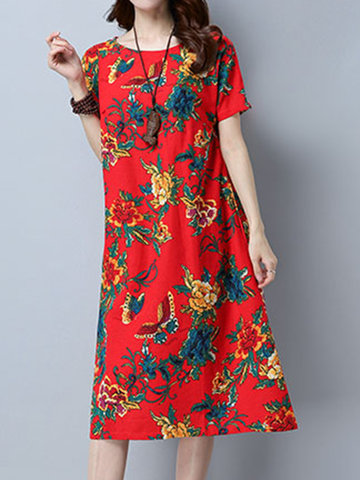 Women Short Sleeve Floral Printed O-neck Vintage Dresses-Newchic-
